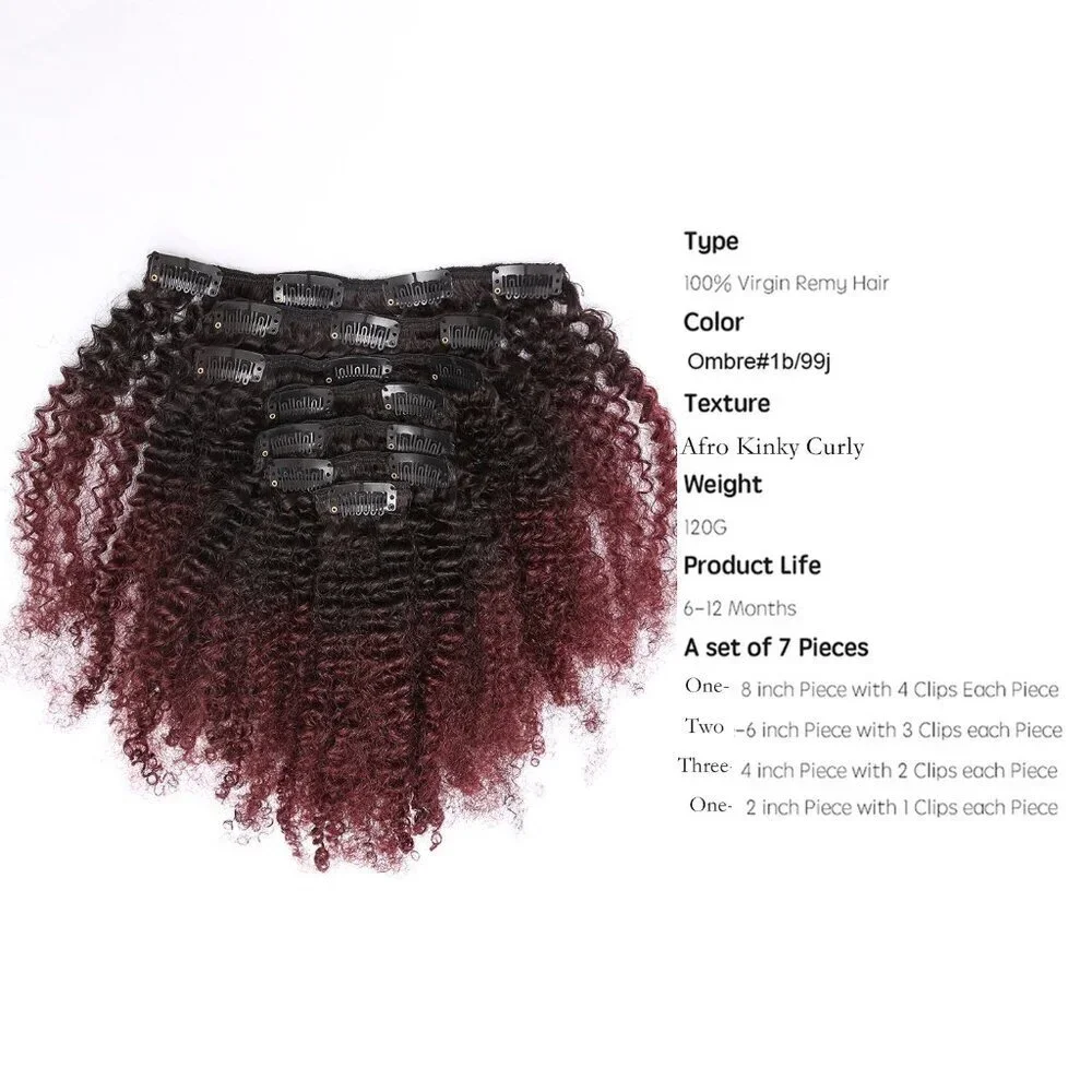 Human Hair Curly Clip Ins Afro Kinky Curly 10in Ombre Black to Red